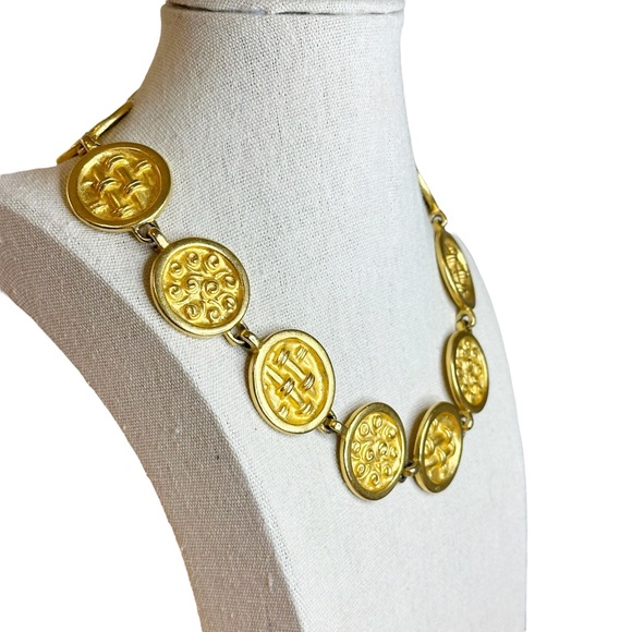 Vintage 80s Gaudy Engraved Disk Matte Gold Tone Statement Necklace Avant Garde - Picture 2 of 6